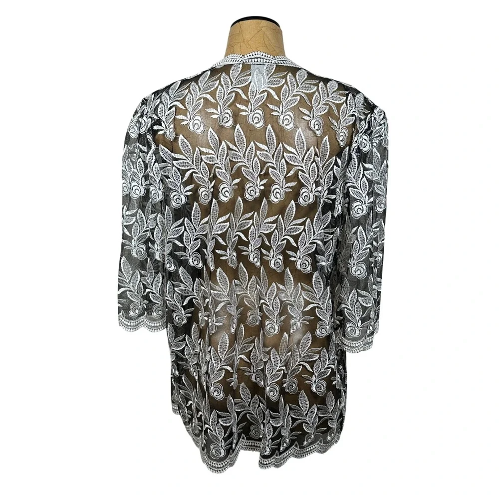 Black White Floral Lace Sheer Open Front Kimono Cardigan Korea Gothic Embroidery